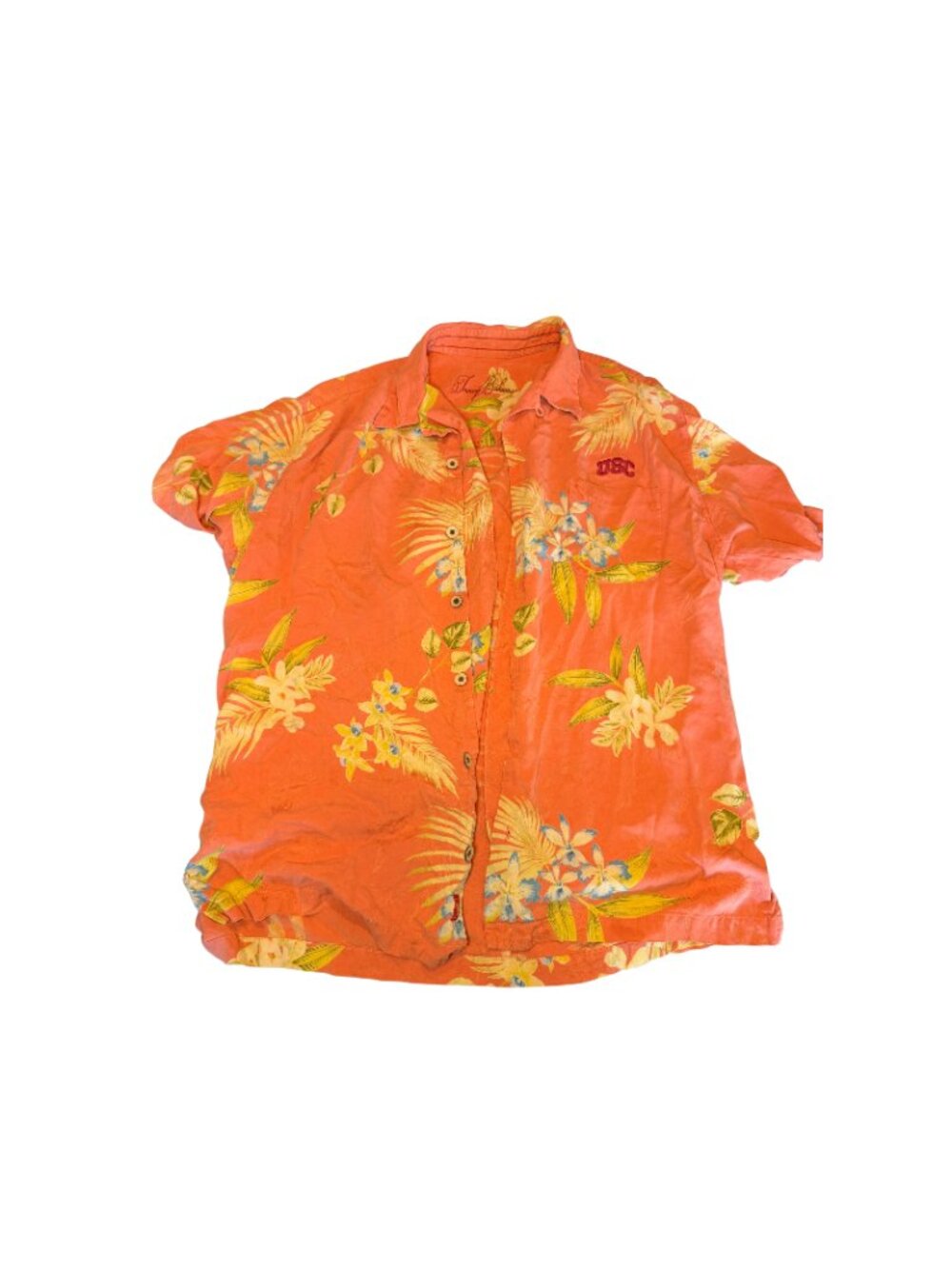 Tommy Bahama USC Floral Button Up Shirt Orange Size Large Men Hawaiian Style